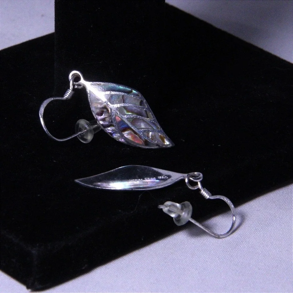 Sterling‎ Silver Abalone Leaf Dangle Earrings 925 Thai Iridescent Paua Shell